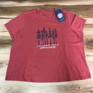 Life is Good Womens XXXL Crusher T Shirt Red Snow Pine Tree Cabin Graphic Tee